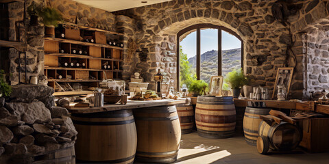 A stone room with wooden shelves, barrels, and a large window overlooking a hill.