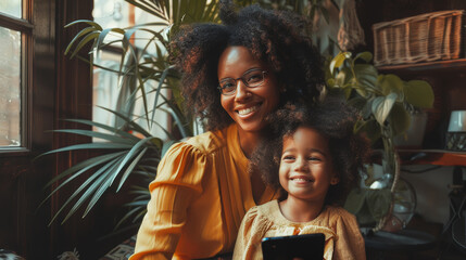 African American young child carefree with female on Mother's Day by watching movie in modern...