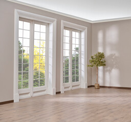 Empty room, wall, window, parquet style, interior concept, area for furniture sofa table carpet decoration.