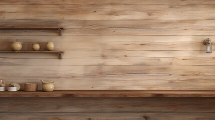 Warm minimalism. Wooden shelves and table against a wooden wall background.