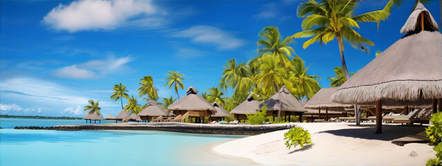 Thatched roof bungalows on a tropical beach with white sand and palm trees against a blue sky and ocean. - obrazy, fototapety, plakaty