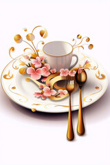 Pink and gold illustration of a plate, cup, spoon and fork with pink flowers.