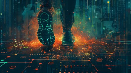 Cybersecurity digital footprints made of binary code, highlighting the importance of cybersecurity and protecting one's digital footprint from unauthorized access and exploitation.