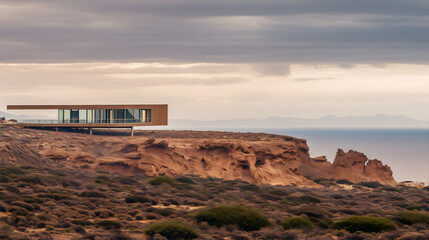 Modern architecture house on the cliff with stormy sea and cloudy sky