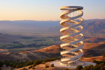 Foto op Plexiglas Futuristic spiral tower observation deck with a scenic mountain landscape view © hanansn