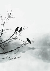Tranquil English Lake with Black Birds on Branches - obrazy, fototapety, plakaty