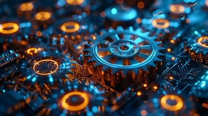A network of interconnected gears and circuitry, symbolizing the synergy between technology and business processes, Technology-driven business operations concept