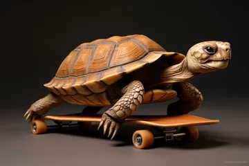 Foto op Plexiglas Turtle on a skateboard on a black background © Ari