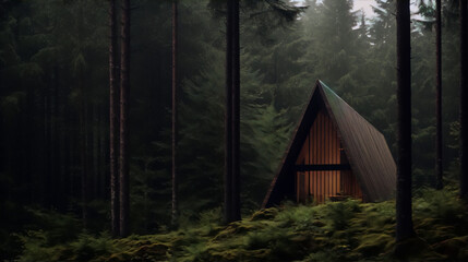 A-frame cabin in the middle of a dark and mysterious forest with green moss on the ground. - obrazy, fototapety, plakaty