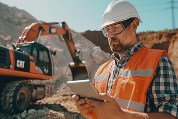 Caucasian Male Civil Engineer Wearing Protective Goggles And Using Tablet On Construction Site On Sunny Day. Man Inspecting Building Progress. Excavator Loading Materials Into Big Industrial Truck.