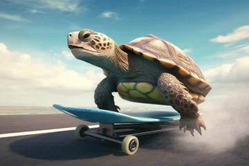 Foto op Canvas A turtle races on a skateboard at high speed along an asphalt road © Ari
