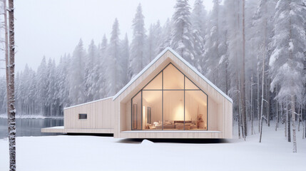A wooden house in a snowy forest near a lake.