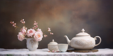 Still life with pink roses in vase and white ceramic teapot on brown background