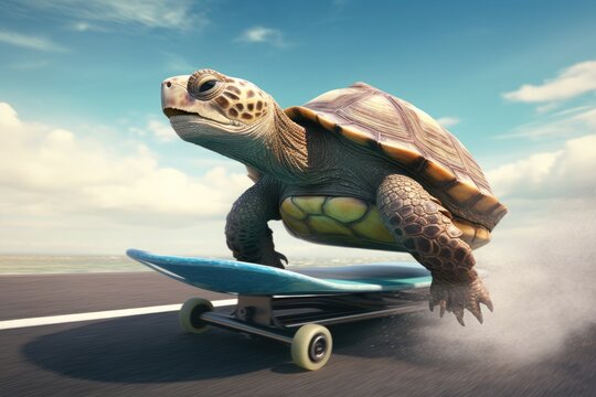 A turtle races on a skateboard at high speed along an asphalt road