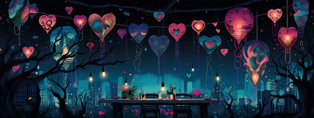 Surreal cartoon city night landscape with hearts, plants and a table under the night sky.