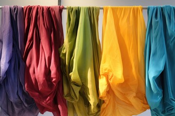 Pieces of brightly colored fabric, naturally dyed, dry on a hanger.