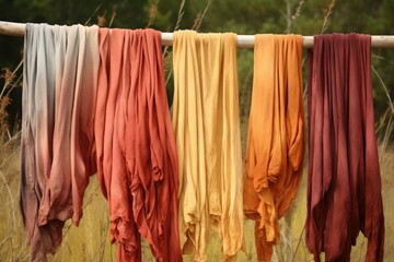 Pieces of fabric dyed with natural dyes dries in the open air