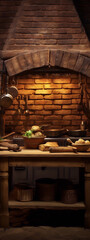 Still life of a rustic kitchen with a brick fireplace, wooden table, and various cooking utensils and ingredients.