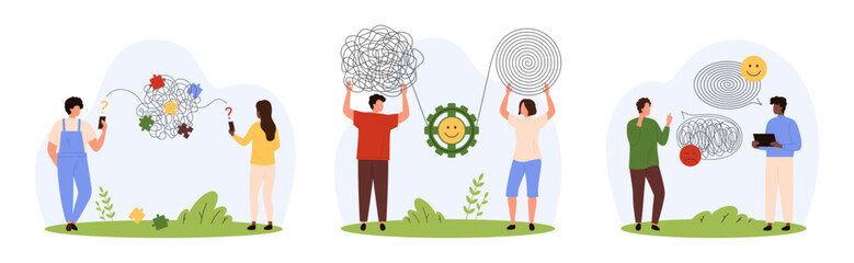 Dialogue understanding and communication problems set. Tiny people talking with misunderstanding online, characters unravel miscommunication chaos of threads in thoughts cartoon vector illustration