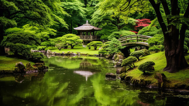 A photo of a beautiful Japanese garden with a pond, bridge and trees in the background.