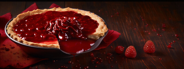 Close-up of a delicious homemade raspberry pie with fresh raspberries on a wooden table.
