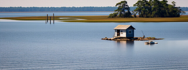 Small fishing shack on a calm lake surrounded by trees and grass
