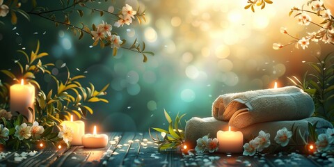 Banner spa with roll up of towels candles and flowers for massage spa treatment ,aroma ,healthy wellness relax calm luxurious atmosphere with pampering and well-being healthy skin practices - obrazy, fototapety, plakaty