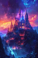 Vibrant castle in lunar fantasy land glowing structures wide angle cosmic glow