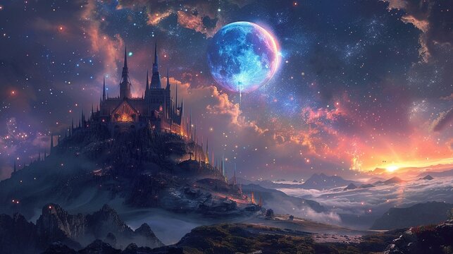Fantasy moon castle vibrant celestial architecture eyelevel view nebula hues