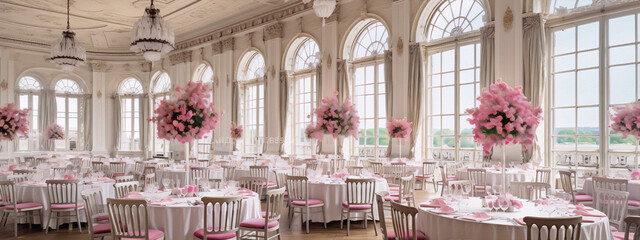 Pink flowers and tables in a grand ballroom - obrazy, fototapety, plakaty