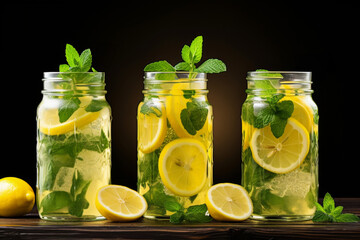 Homemade summer lemonade in mason jars with ice and fresh lemon slices for a refreshing drink