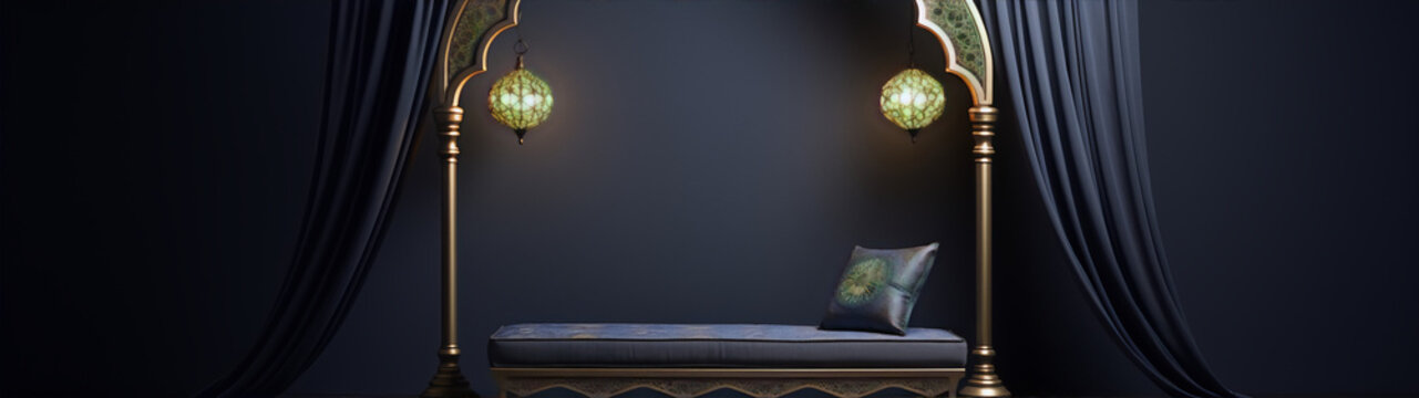 Luxury blue and gold ornamented oriental majlis with patterned pillows and glowing lamps