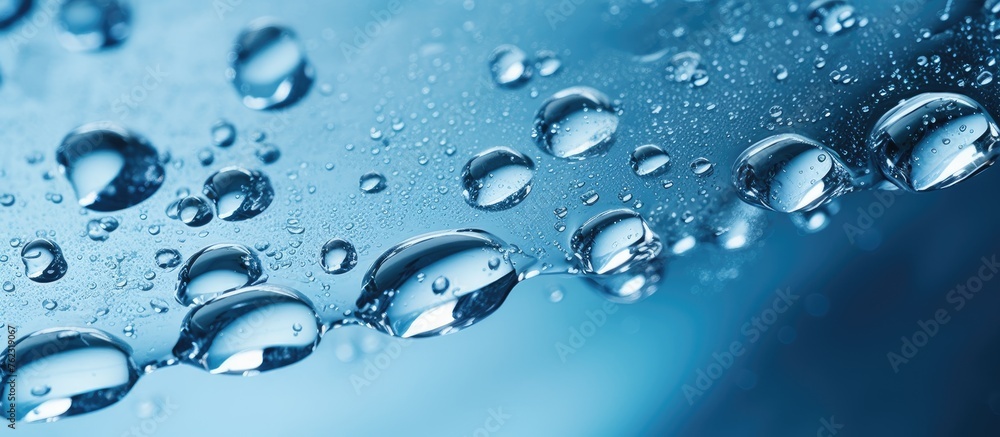 Poster Macro photography capturing the beauty of water drops on a window. The electric blue liquid glistens with moisture, showcasing the science of dew event