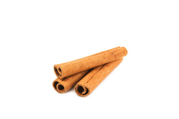 Cinnamon sticks isolated on white background. Cinnamon roll. Spicy spice for baking, desserts and drinks. Fragrant ground cinnamon.