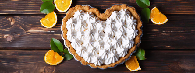 Food photography of a heart-shaped lemon meringue pie with orange slices and leaves on a wooden table. - obrazy, fototapety, plakaty