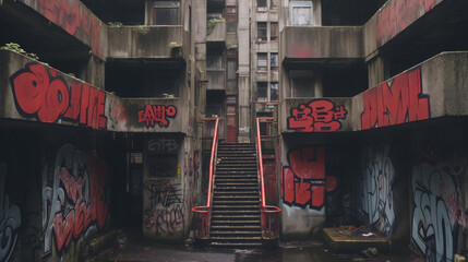 Soviet-era apartment buildings with graffiti in shades of red