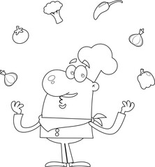 Outlined Funny Chef Man Cartoon Character Juggling With Fresh Vegetables. Vector Hand Drawn Illustration Isolated On Transparent Background