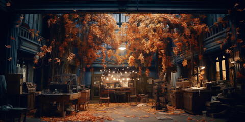 Obraz premium Mystical abandoned library interior with overgrown plants and dim lights