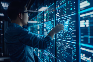 IT Specialist Administrator Working on Computer Screen Showing Big Data AI Analysis and Code. Web Services Machine Learning Analytics Facility Cyber Security. High-Tech Data Center Server Control