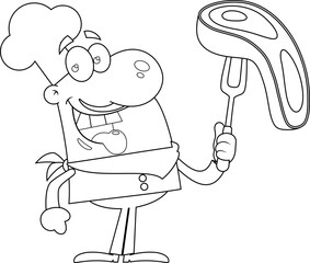 Outlined Happy Chef Man Cartoon Character Holding A Raw Steak On BBQ Fork. Vector Hand Drawn Illustration Isolated On Transparent Background