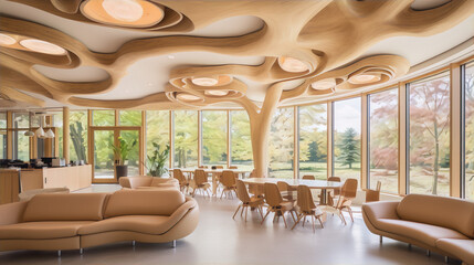 Modern organic architecture interior with wooden curved ceiling and walls and large windows