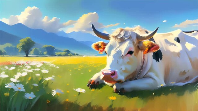 A peaceful image depicting a cow lying in a bright meadow filled with white daisies, under a clear blue sky, exuding calmness and nature's beauty