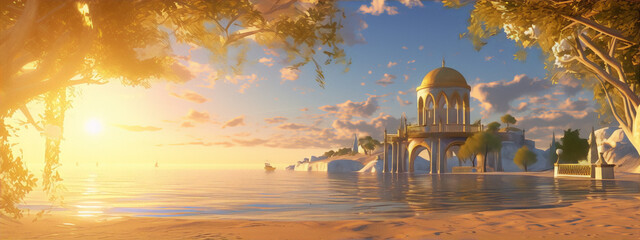 Obraz premium Fantasy landscape with a golden palace by the sea at sunset in an idyllic setting
