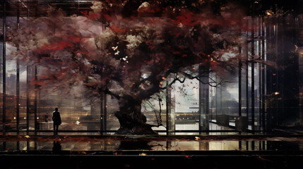 Futuristic concept art of a man standing in a room with a large cherry blossom tree with red leaves and white birds flying around it.