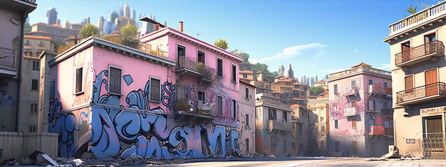 City street with colorful graffiti on the buildings in a cartoon style with bright colors