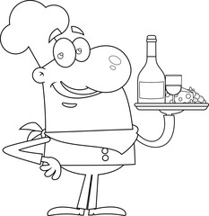 Outlined Smiling Chef Man Cartoon Character Holding Plate With Wine And Cheese. Vector Hand Drawn Illustration Isolated On Transparent Background