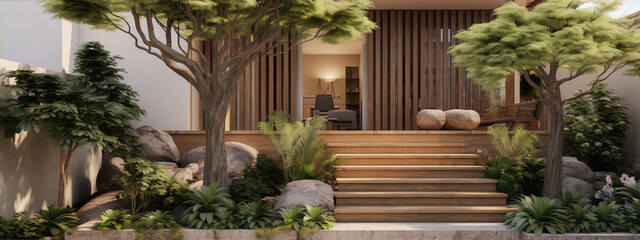 japanese garden with wooden house and stone steps 3d illustration
