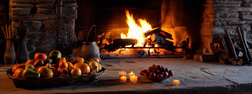 Cozy fireplace with fruits and candles still life painting