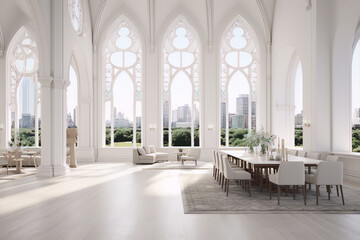 Bright airy modern white interior space with large windows and a view of the city.