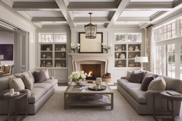 Elegant living room with fireplace, bookshelves, and neutral furnishings in traditional style - obrazy, fototapety, plakaty